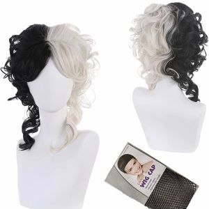Women's Cruella de Vil Cosplay Party Halloween Wig Black and White Curly Short